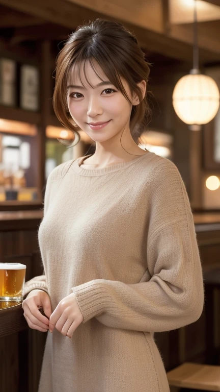 Cute 21 year old Japanese、drinking beer at bar、Nice bar、Ultra detailed face、Pay attention to the details、double eyelid、Beautiful and thin nose、Sharp focus:1.2、Beautiful woman:1.4、(Light Brown Hair、Short Hair、)、Pure white skin、Highest quality、masterpiece、Ultra-high resolution、(Photorealistic:1.4)、Highly detailed and professional lighting、nice smile、Show your whole body、Cute Spring Clothes、