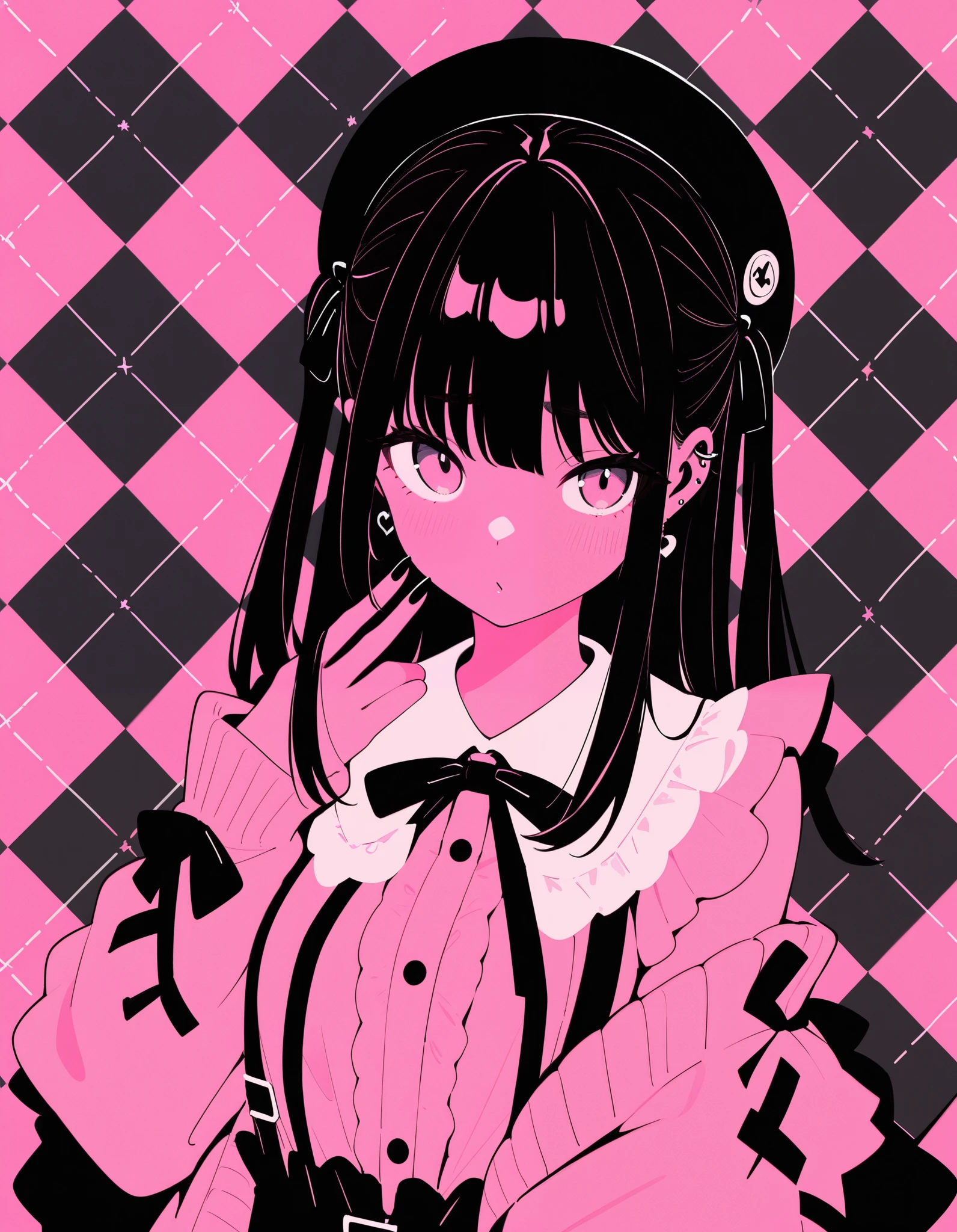 masterpiece, best quality, no lineart,limited palette, jirai kei,argyle background