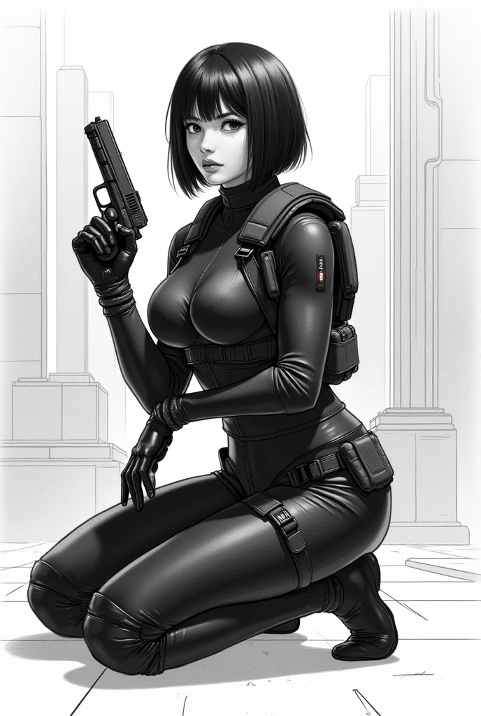 a woman with a gun in her hand, concept art by Masamune Shirow, pixiv, retrofuturism, aeon flux, style is a blend of æon flux, möbius and æon flux