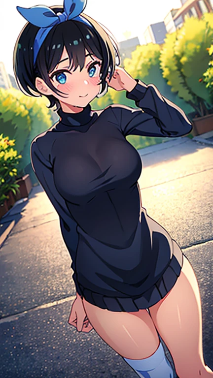 black long raincoat,blush,Black Hair,Serious face,blue eyes,Are standing,Large Breasts,Boyish Hairstyles,short hair,walk,Videl,barefoot,rain,fog,cloudy,Wet,Wearing a black hood,forest,