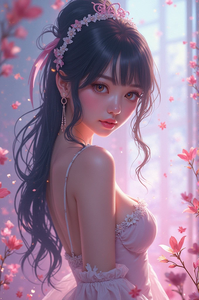 Sexy kimono v-neck Japanese girl biting a rose、(Fluorescent Color:1.4)、(translucent:1.4)、(Retro filter:1.4)、(fantasy:1.4)、Candy world Disneyland Fantasy fluffy soft scenery forest snow avatar Pastel pink sky green blue glow Dreamy light Pastel soft glow Rainbow stars Diamond glitter Gemstone background Ultra realistic ultra high quality movie lighting Huge details Full HD Full light、