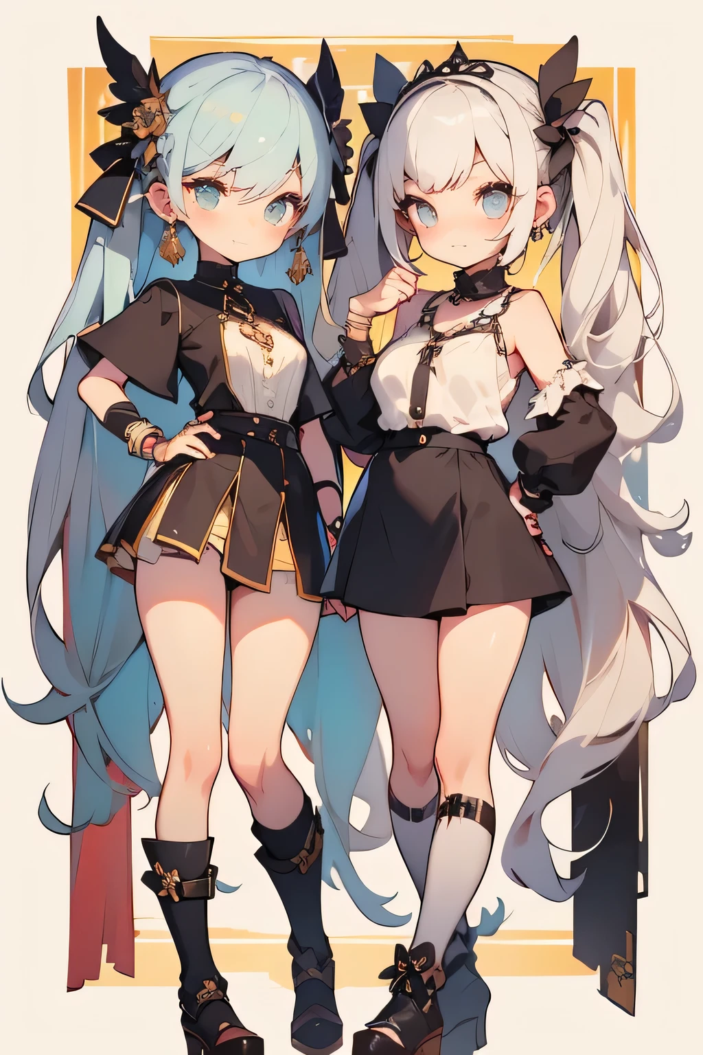 huge, twin tails, Silver Hair, Low rise short pants, vintage gothic, Pause , cute, high quality, necklaces, ring, bracelets, Earrings,smile , small buttocks,full body,Long skirt with side slits、thigh can be seen through the slit、The 、lace long skirt、knee-high socks、short bob hair、