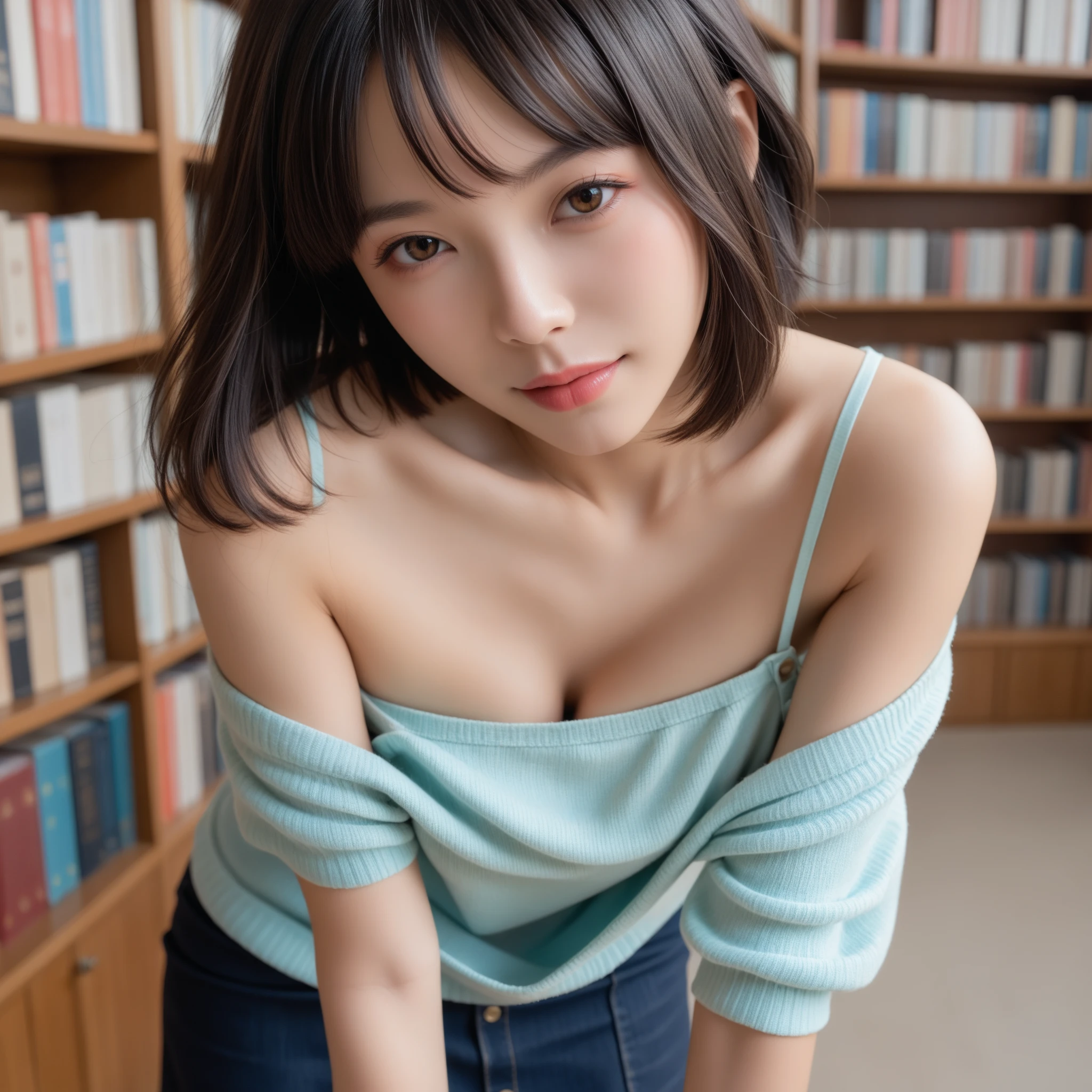 masterpiece、highest quality、16k、High resolution、超High resolution,Very detailed、Soft Light、Professional Lighting、Pale shading、Low contrast、Japanese、beautiful girl、Slender women、daytime office、Window seat、sitting in front of a computer、(Knitwear that fits snugly around the breasts(Grayish light blue))、Shoulder drops、Navy Pleated Skirt、Small Mouth、(Beautiful thighs:1.6)、(Large Breasts:1.4)、The chest is visible、Fine and beautiful eyes、(Hanging eyes)、(Thin eyebrows)、(Thin lips)、sad、(Long Wavy Hair、High Ponytail),(Asymmetrical bangs)、