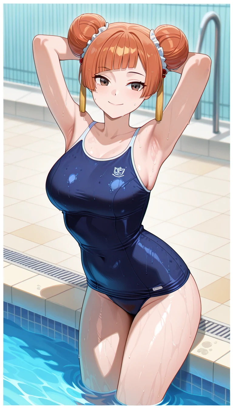 High resolution, woman , good lighting, despicable, , (No nudity), (((navy blue school swimsuit))), ((navy blue school swimsuit)), (((knee high socks))), cute face, I'Iは恥ずかしくて赤面します, humiliating, ((sit with legs spread)), ((wet with sweat))((sticky liquid adheres to the body))sit on the bed in the room、