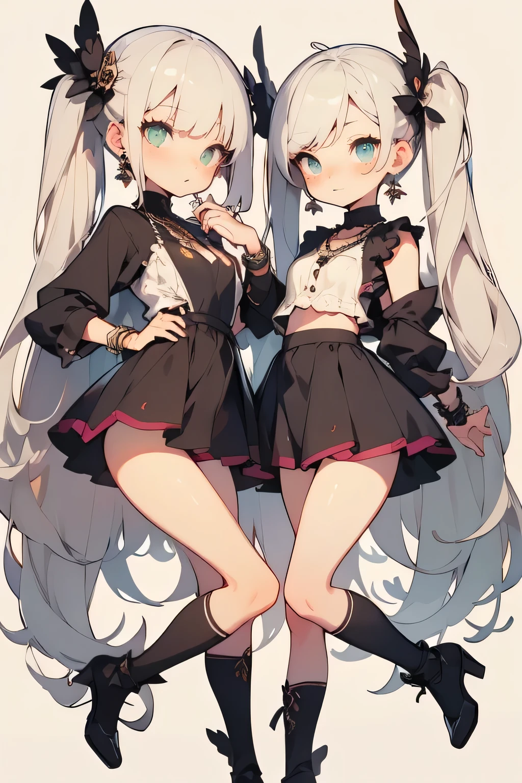 huge, twin tails, Silver Hair, Low rise short pants, vintage gothic, Pause , cute, high quality, necklaces, ring, bracelets, Earrings,smile , small buttocks,full body,Long skirt with side slits、thigh can be seen through the slit、The 、lace long skirt、knee-high socks、short bob hair、