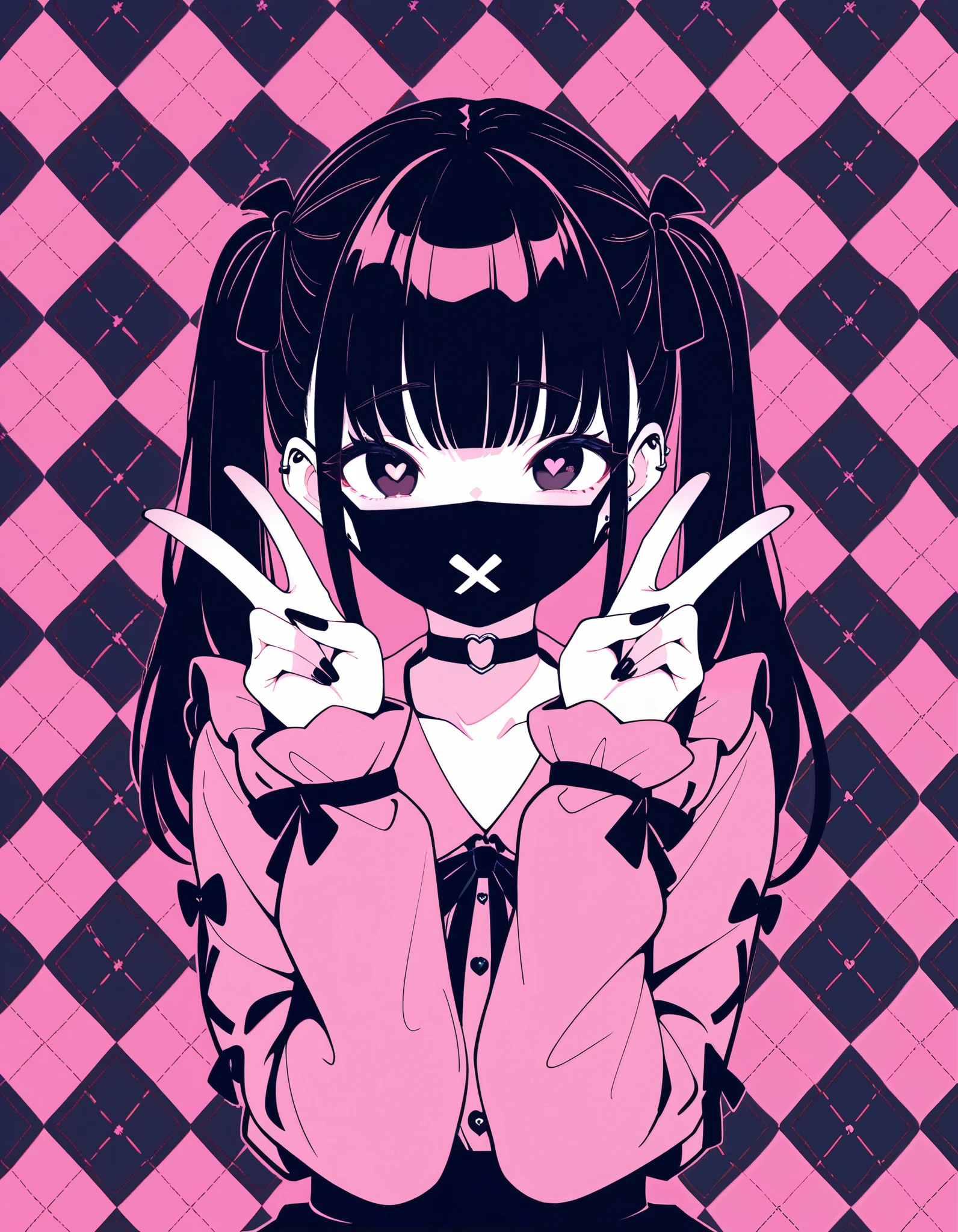 masterpiece, best quality, no lineart,limited palette, jirai kei,argyle background, double v,heart-shaped pupils,black mouth mask,