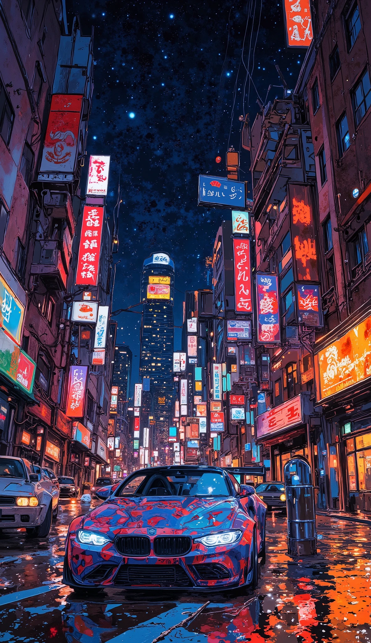 A cutting-edge hypercar with a sleek, ultra-aerodynamic body carved from exposed carbon fiber streaks through a futuristic cyberpunk city at night. Its sharp, angular contours reflect the neon glow of towering skyscrapers, while holographic billboards and digital signs cast shifting colors across its surface. The car’s transparent canopy, reinforced with nanoglass, reveals a high-tech cockpit illuminated by an interactive holographic dashboard, displaying futuristic speedometers and AI-assisted navigation.
Glowing neon underglow pulses beneath the hypercar, shifting colors in sync with its movement, while thin, laser-powered LED headlights slice through the misty urban streets. The vehicle's active aerodynamics adjust in real-time—carbon fiber flaps subtly reposition to maintain perfect downforce as the hypercar accelerates.
The hypercar’s wheels, featuring transparent graphene rims with embedded neon-lit spokes, leave a faint energy trail as they spin at breakneck speeds. Plasma exhaust vents at the rear emit a soft blue luminescence, hinting at the revolutionary fusion powertrain beneath. Rain-soaked streets reflect the dazzling city lights, and streaks of motion blur accentuate the sheer speed of the machine as it drifts around a sharp corner, disappearing into the neon haze of the metropolis