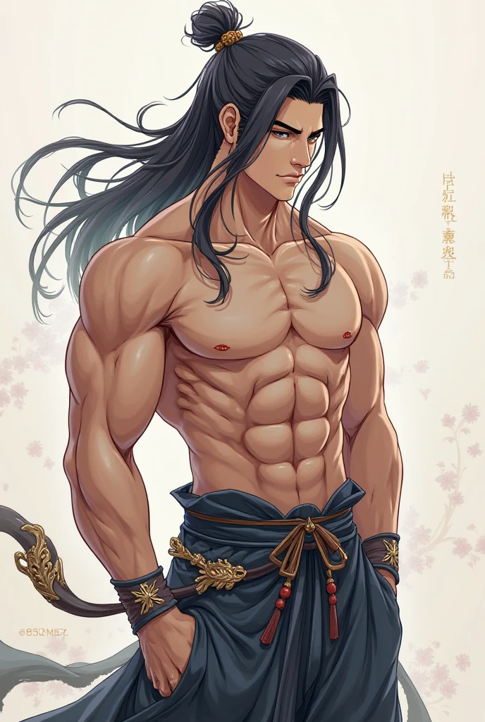 Realistic,Hot muscular Male concubine in the Han dynasty on his knees with legs spread apart, wearing ancient revealing Chinese dress with long hair and masculine features.Battle scars and huge out
