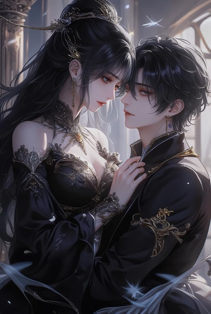 Anime couple in black and black dresses hugging each other, by Yang J, Guviz-style artwork, wearing a black noble suit, in the art style of bowater, charli bowater and artgeem, Charlie Bowater style, Ruan Jia and Artgerm, By Ni Tian, cute couple, Artgerm and Ruan Jia