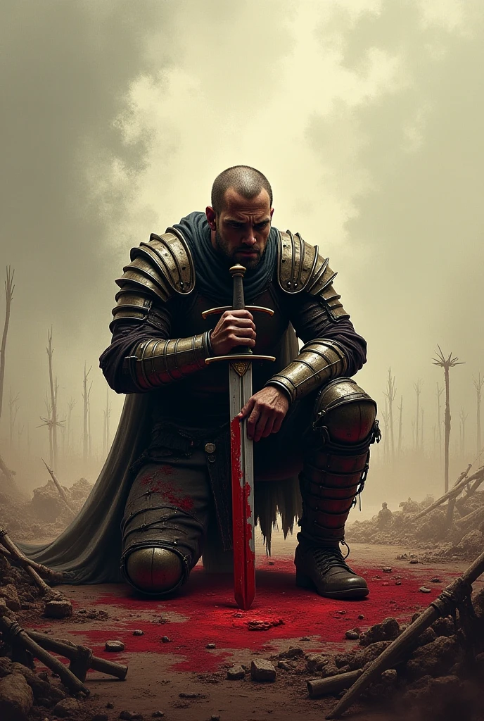 A medieval warrior bent over on his knees with his forehead resting on his sword, with his armor shining and dripping with blood