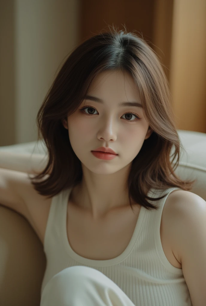 (​masterpiece:1.3), (8K, Photorealsitic, Raw photography, in the livingroom、Top image quality: 1.4), Anatomically correct、20-year-old girl、Super Detail Face、Eye of Detail、二重まぶた、foco nítido:1.5、prety woman:1.4、light brown hair、Natural Color Lip、top-quality、​masterpiece、超A high resolution、(Photorealsitic:1.4)、very detailed and professional lighting、slender、serious facial expression、Transparent skin、randome pose、Glowing hair、
