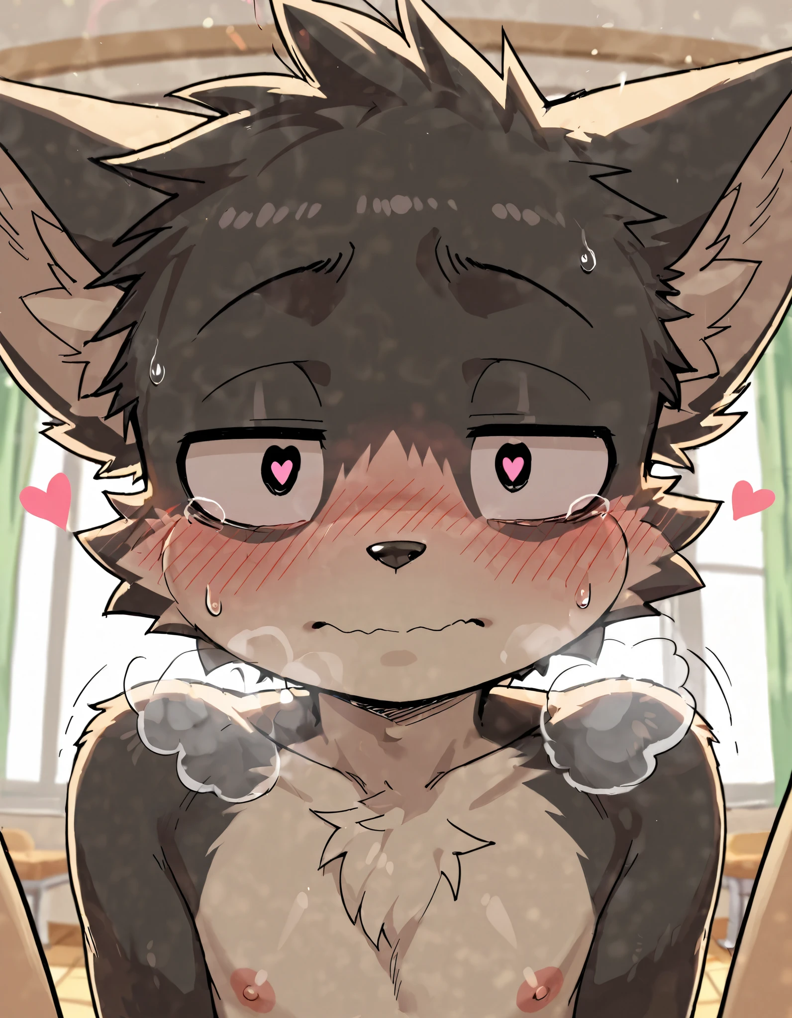 A male cat furry, have black fur and colour red dark eyes are have sex a ghost with body trembling and uncomfortable Satisfied face