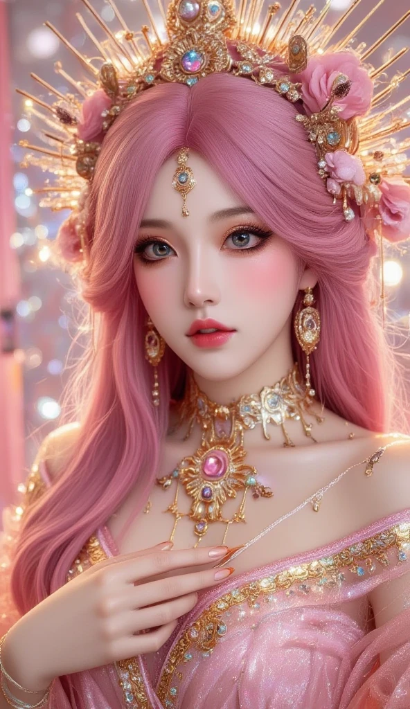 Full body portrait of a Beautiful ethereal woman, bathed in the gentle glow of a soft pink and purple sunset, her long pink hair cascading in the wind, revealing a face of exquisite detail and enchanting eyes. Each golden shade of her intricately layered eye make-up reflects the ethereal light, framing big, colorful eyes with long lashes and double eyelids. A rosy blush graces her cheeks, complementing her glossy, realistic skin texture and full lips adorned with silver glitter lipstick.
Wrapped in the elegant embrace of a purple scarf, she showcases a collection of intricately designed pink and purple jewellery,highly detailed face, detailed face, perfect proportions, well-proportioned body of six heads, huge breasts, thin waist, navel, big butt , crotch gap, large thighs,