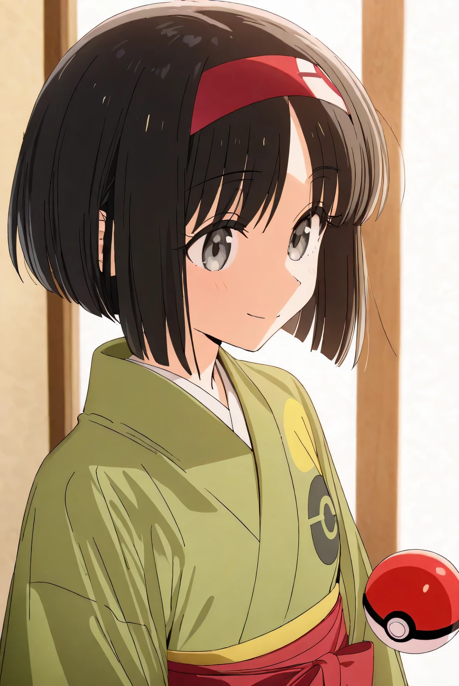 Erika_(pokemon), 1girl, solo, alternate_hairstyle, bob_cut, short_hair, black_hair, parted_bangs, hairband, red_hairband, grey_eyes, eyelashes, kimono, green_kimono, hakama, red_hakama, poke_ball_print, smile, happy, full_body, beautiful_detailed_eyes, portrait, masterpiece, best_quality, intricate_details, absurdres, artist_kerorira