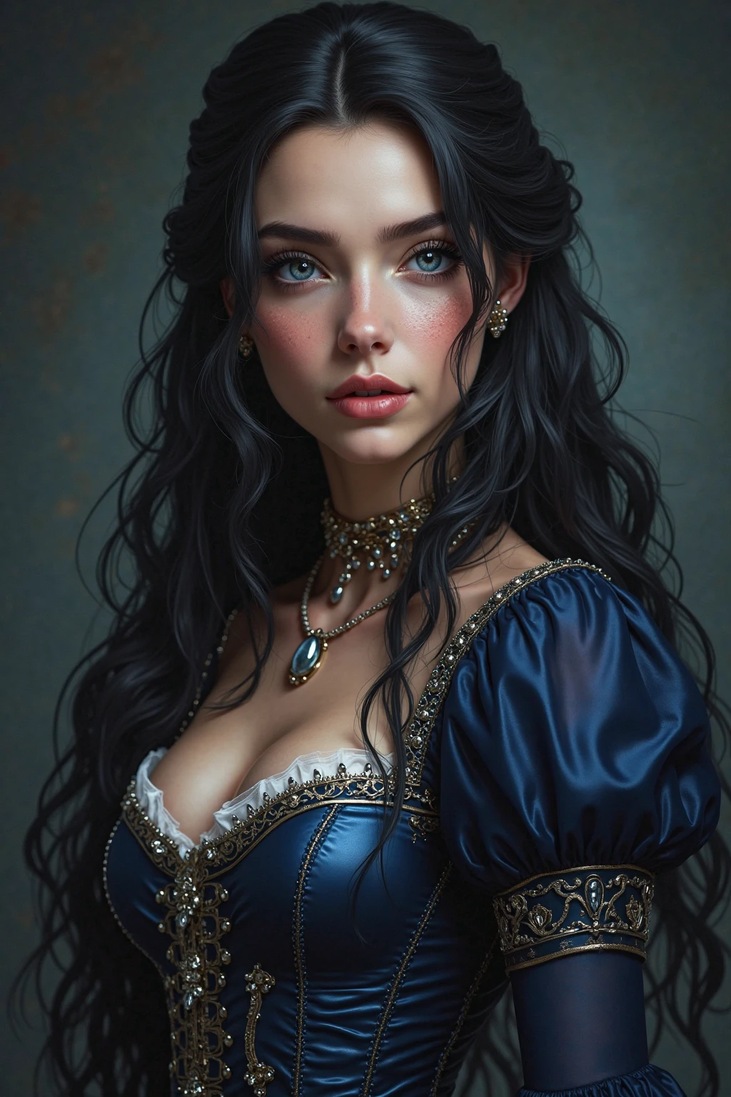 Create image of the beautiful black-haired muse Callíope ,gray-eyed with blue robe and scroll in her hand 
Looking at me