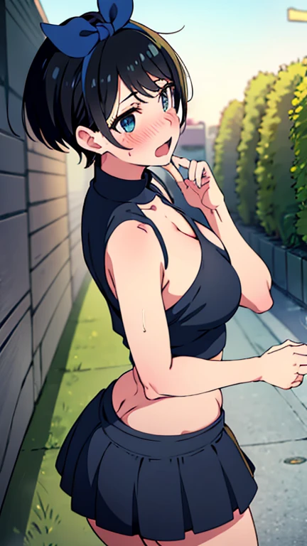 Residential Street,smile,Are standing,Put your hands behind your back,close your eyes,1 ,Two-block shorthair,Black Hair,blush,Navy school swimsuit,White skin,summer,From below,shy,Sweat,Open your mouth,Wet,sun