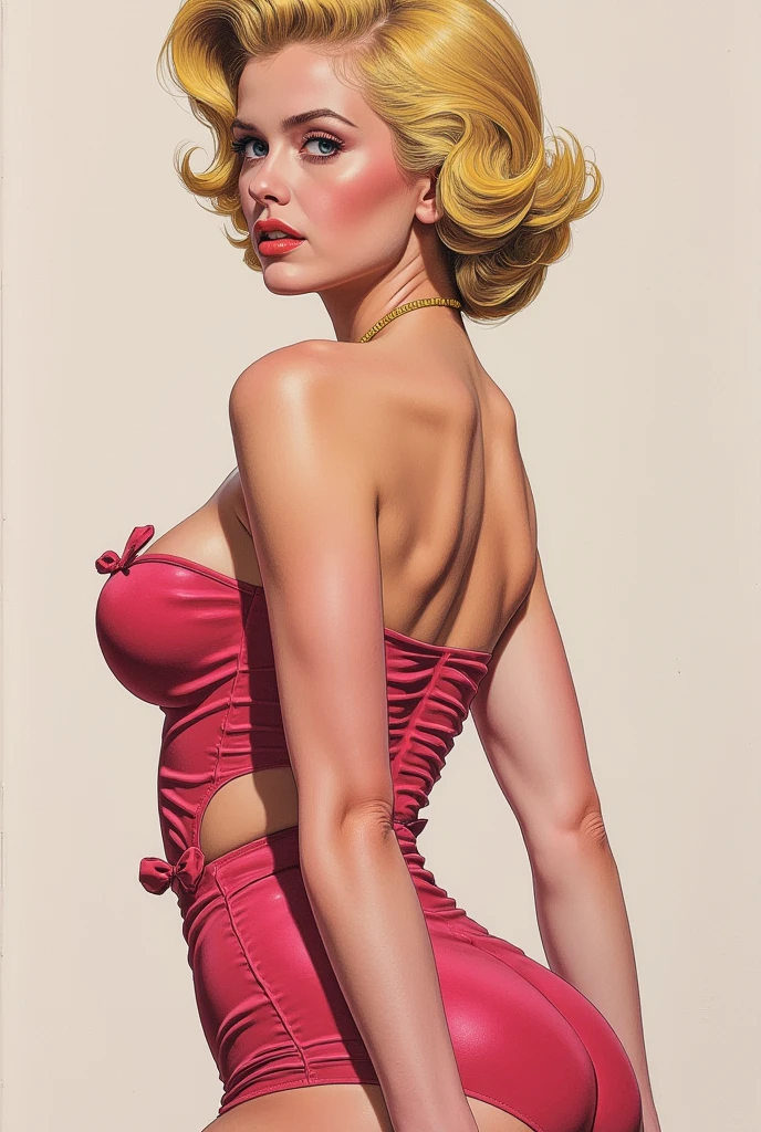 painting of a woman in a pink dress with a green flower in her hair, by Alberto Vargas, hajime sorayama designed girl, inspired by Alberto Vargas, pinup art, fully clothed. painting of sexy, girl pinup, by Wayne England, by Aleksander Kotsis, jeffrey catherine jones pose, marc davis artwork, by Marshall Arisman