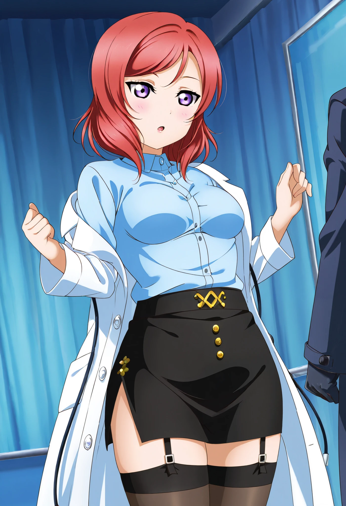 anime artwork of <lora:Bible Black style:1>
Low angle from below,Hiroko Takashiro a surprised looking woman in a short skirt and a tie,1girl,solo,long hair,breasts,open mouth,skirt,large breasts,thighhighs,underwear,school uniform,purple eyes,panties,ponytail,red hair,necktie,black thighhighs,white panties,pantyshot,from below ,red hair, long choppy hair, purple_eyes, eroge,anime,manga,nsfw,cartoon,Adult animation,explicit,Original video animation, Baiburu Burakku style, Bible Black style, school girl outfit, anime style, key visual, vibrant, studio anime, highly detailed