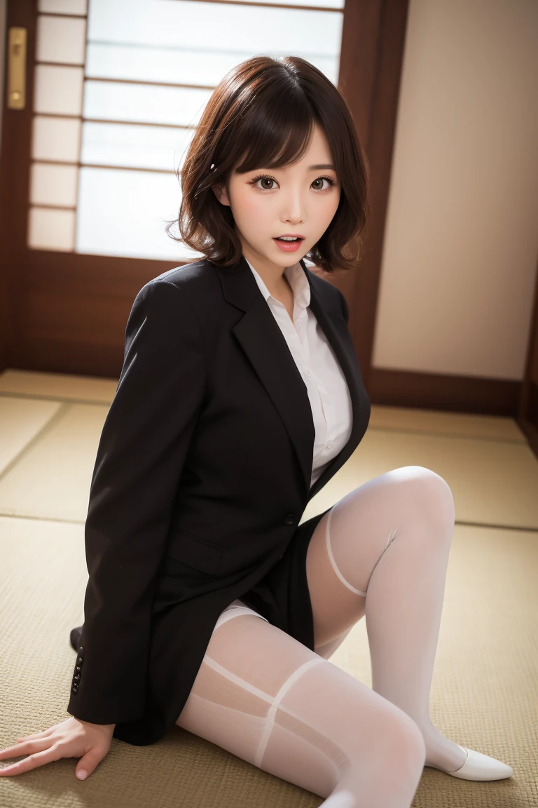 8K, Original portrait (Japanese women),masterpiece、Photographic realism:1.2、practical, Ultra-high resolution, Highest quality, Actual photo ,
((((独奏:1.5))))、(Cute face:1.3)、((Japanese)),17 years old,((office lady)、((Black suit:1.4))、 short hair,Slim figure,Bright office, Delicate eyes, Black Hair,((Dark brown eyes:1.2))、(Realistic skin texture:1.3)、(Immersive atmosphere:1.2、clair obscur:1.2) 、(Looking at the audience)、professional photo, real photography,((Embarrassed look:1.4))、((Red cheeks:1.3)),shy face,((small panty))、((Panty shot))、((Rolling up her skirt))、((Crotch close-up:1.2)),(spread wide legs:1.5)、((Highlight Photos))、Very well-formed face, photo realistic, realistic young gravure idol, Slender gravure idol, Beautiful and cute,(full body:1.4), ((Japanese))、She&#39;s cute like a Korean idol,Black Hair,Sitting at a desk,short cut hair,flat chest,