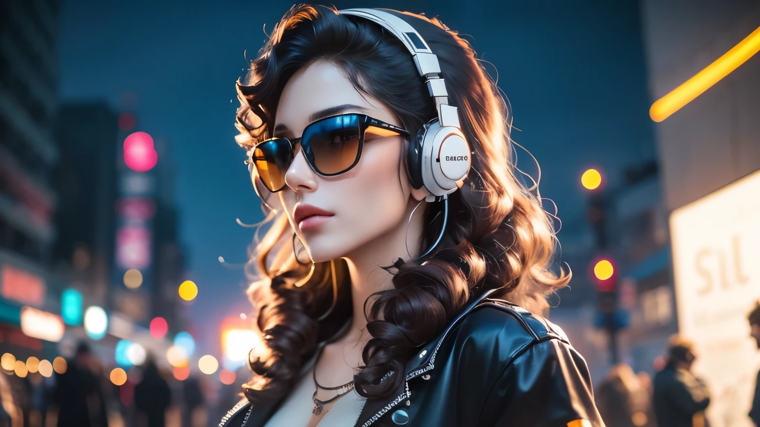 Brown hair . beautiful woman with curly hair and sunglasses wearing full size headphones - ear piece or surround dark room neon cyberpunk at night coordinator neon glow