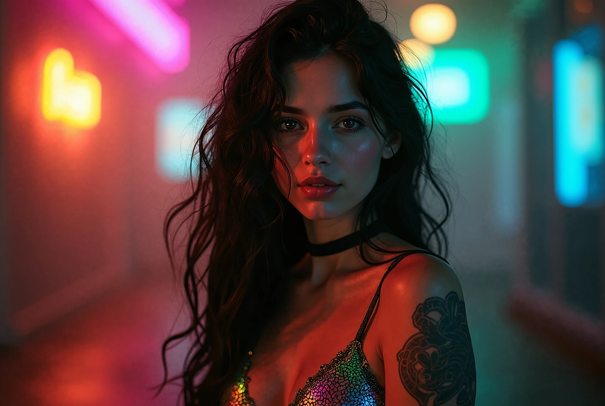 black long haired girl, blank expression, laying down on floor, white leotard with sleeves, red blue yellow background, ultra detailed atmospheric details, beautiful glowing effects, sparkle effects, realistic body proportions, beautiful face proportions, complex masterpiece, wild hair style, creative glowing detailed tattoos, complex physics, enhanced colors, complimentary colors, ultra detailed raytracing reflections, Ultra detailed complex background, environment feels alive
