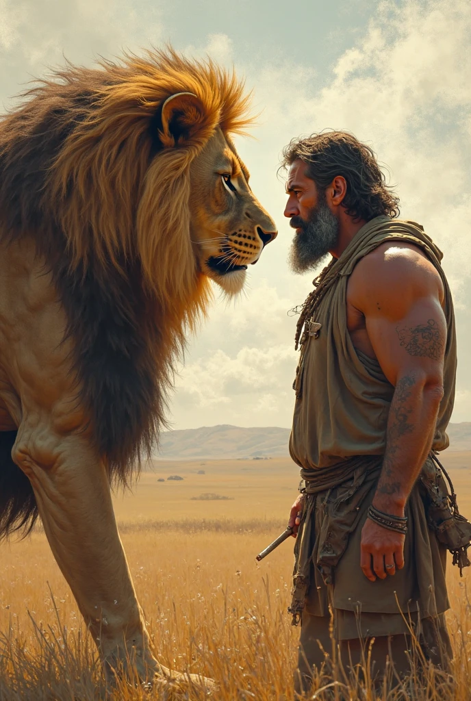 1 big burly man sitting on the back of a lion, a man with a bloody face, tattoo, a lion with one horn, a lion with bat wings, desert, sand, dry skeleton, salary, bleak, fantasy,, (Detailed face features:1.3), (RAW photo, 16k, masterpiece, best quality: 1.2), (ultra realism, hyper detailed and intricate realism: 1.3), (wide depth of field, radiant mapping, ray tracing, god rays: 1.2)