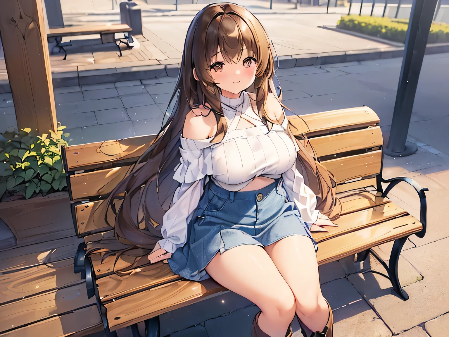 (Masterpiece, highest quality, high resolution, realistic photos, realistic looking skin:1.1),
(Woman sitting on a bench in a shopping mall:1.5),
(She is looking at the viewer from a slightly higher vantage point in front of her, so her panties are visible: 1.5),
(She has a provocative, smirking expression on her face: 1.5),
(She is wearing a white sleeveless turtleneck knit: 1.5),
(She is wearing a denim mini skirt:1.5),
(She is wearing brown below-the-knee western boots: 1.8),
(wearing white lace panties with a pattern: 1.5),
(She has medium brown hair: 1.5),
(Location: bench in shopping mall:1.5),
1 Japanese girl, solo, full bodied esbian, beautiful eyes, glowing eyes, glowing thighs, NSFW