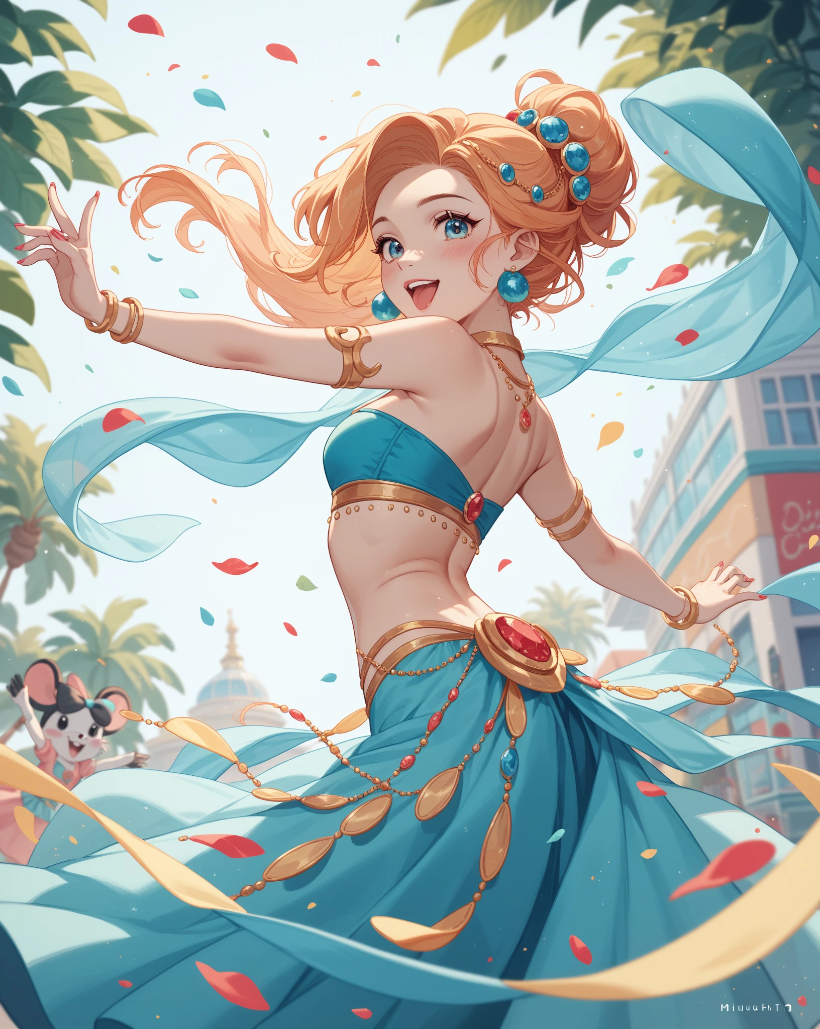 woman, dance, look at the camera, short pink hair, have sea blue eyes, wearing blue belly dance clothes. cheerful expression , dance di karnaval. less lighting. the background of a crowded city holding a carnival.