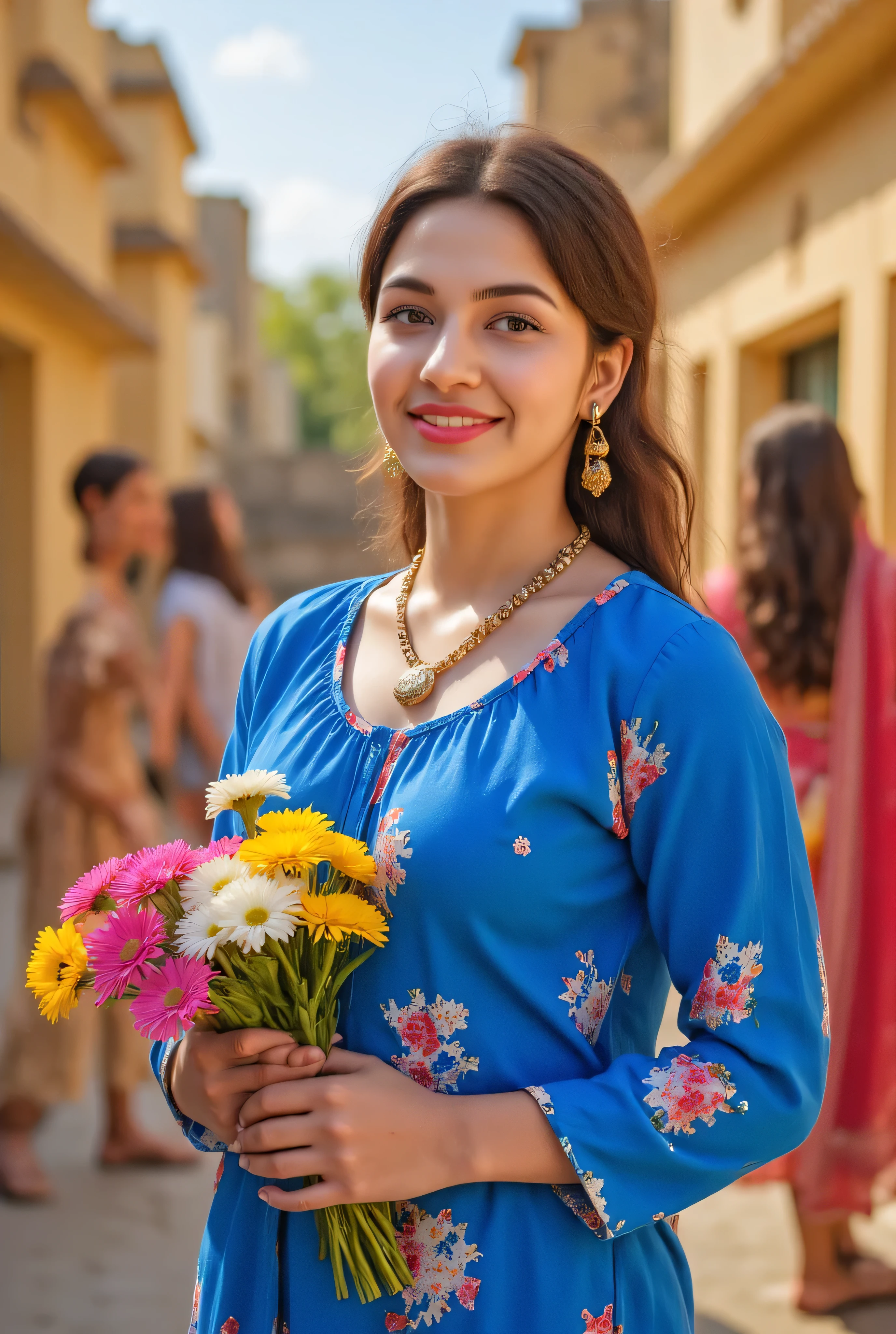 24 year girl in Indian village not modern village rural vibe wearing blue gujrati dress in hawa mahal jaipur in front of local people with smile on face showing cuteness big flowers in hand