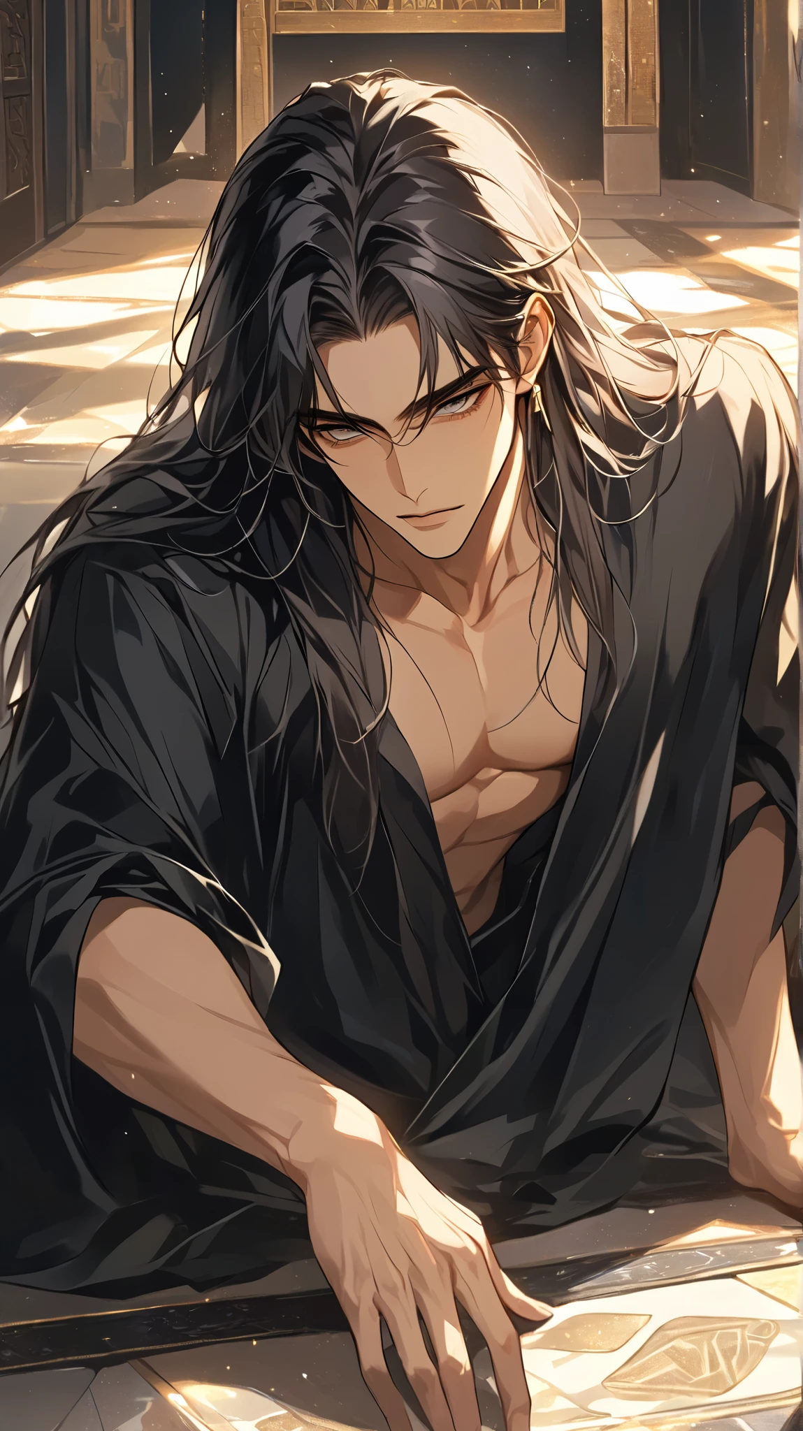 ( score _9, score _8_more than), long hair, masterpiece, , 1 person , Silver- Dark Hair , Perfect Face , [floor , Handsome Man , alone, adult male , Fine Lines Drawing Impostato, masterpiece, high resolution, Premium Quality, Unique , 1 Eye , LEGAL , tanned skin , Dark Hair, Sultano , Egypt, Open Clothes