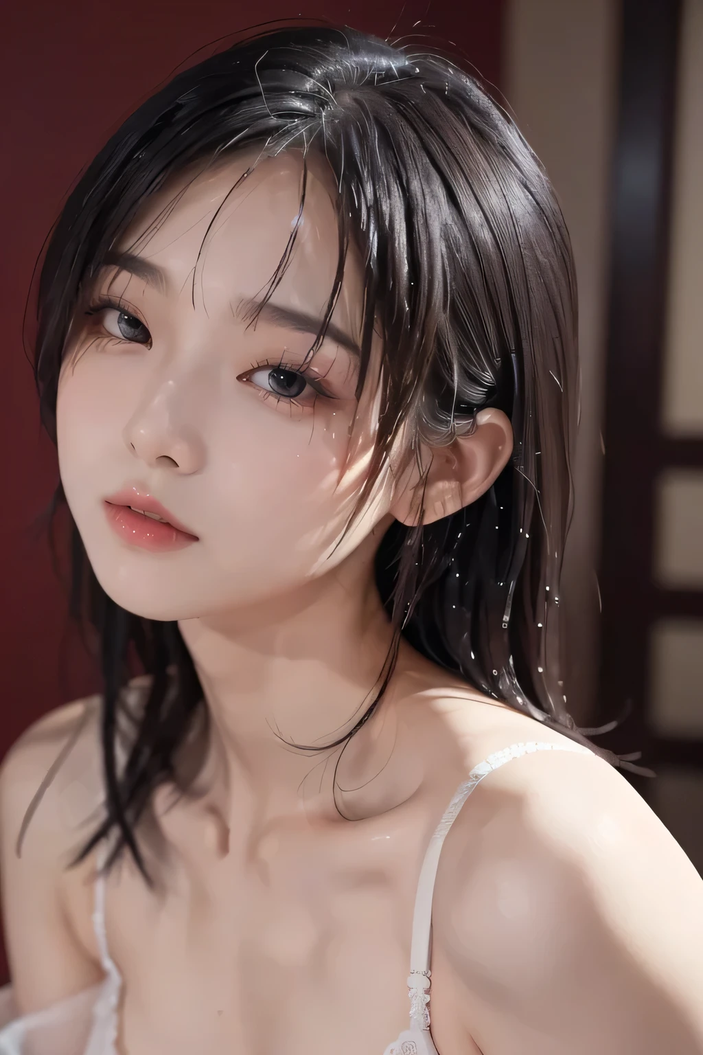 Best picture quality, masterpiece, ultra high resolution, (fidelity :1.4), photo, 1 girl,[(sadness)],white shirt, Dim, dark, desperate, pitying, pitiful, cinematic,tear,teardrop,(Torn clothes:1.5), (Wet clothes:1.4), bare shoulders,Real rain,wet hair,..