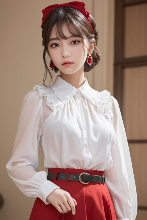 (masterpiece, best quality:1.2), cowboy shot, solo, 1girl, ayanokouji rem, smile, looking at viewer, long sleeves, capelet, red skirt, thighhighs