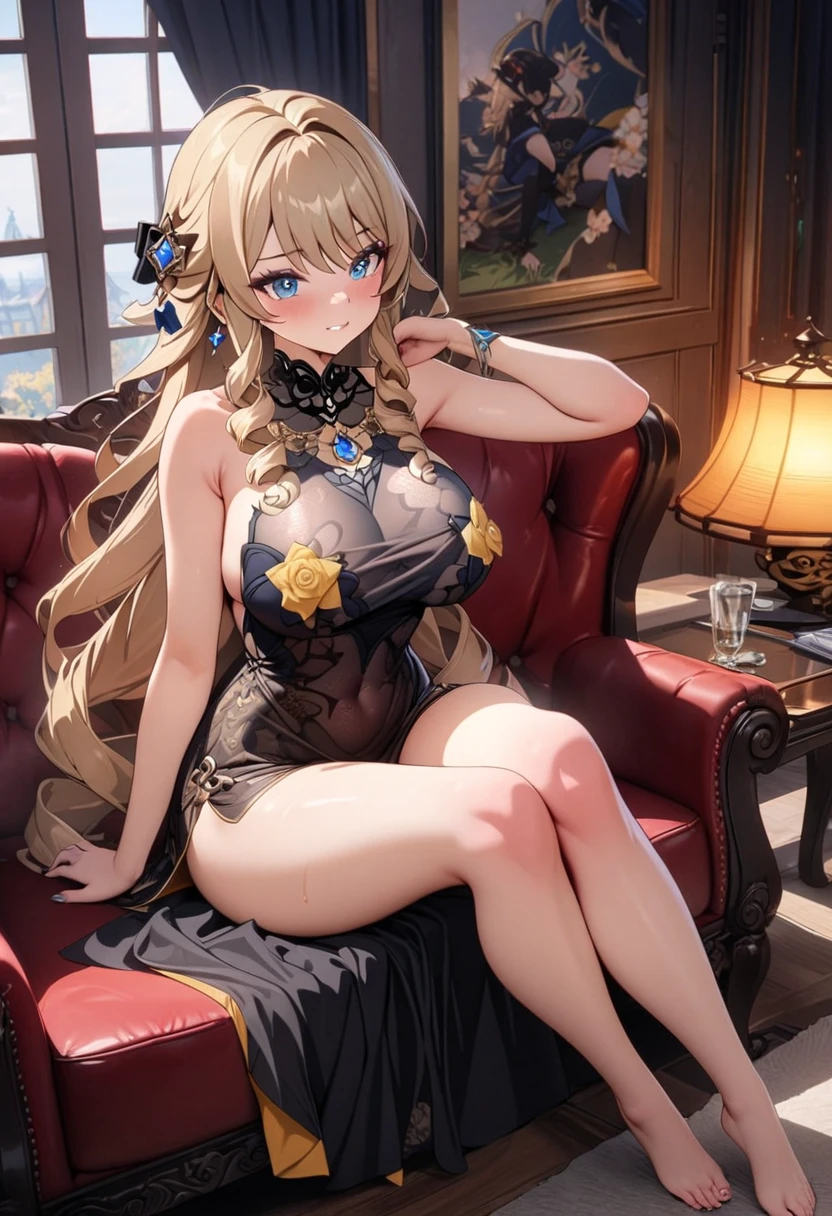 beautiful girl、perfect body、beautiful ample breasts、pussy、long blonde hair、bangs、((embellished sexy dress))、spread your legs wide、((pussyを見せます、I&#39;m seducing you、I'm inviting you to have sex))