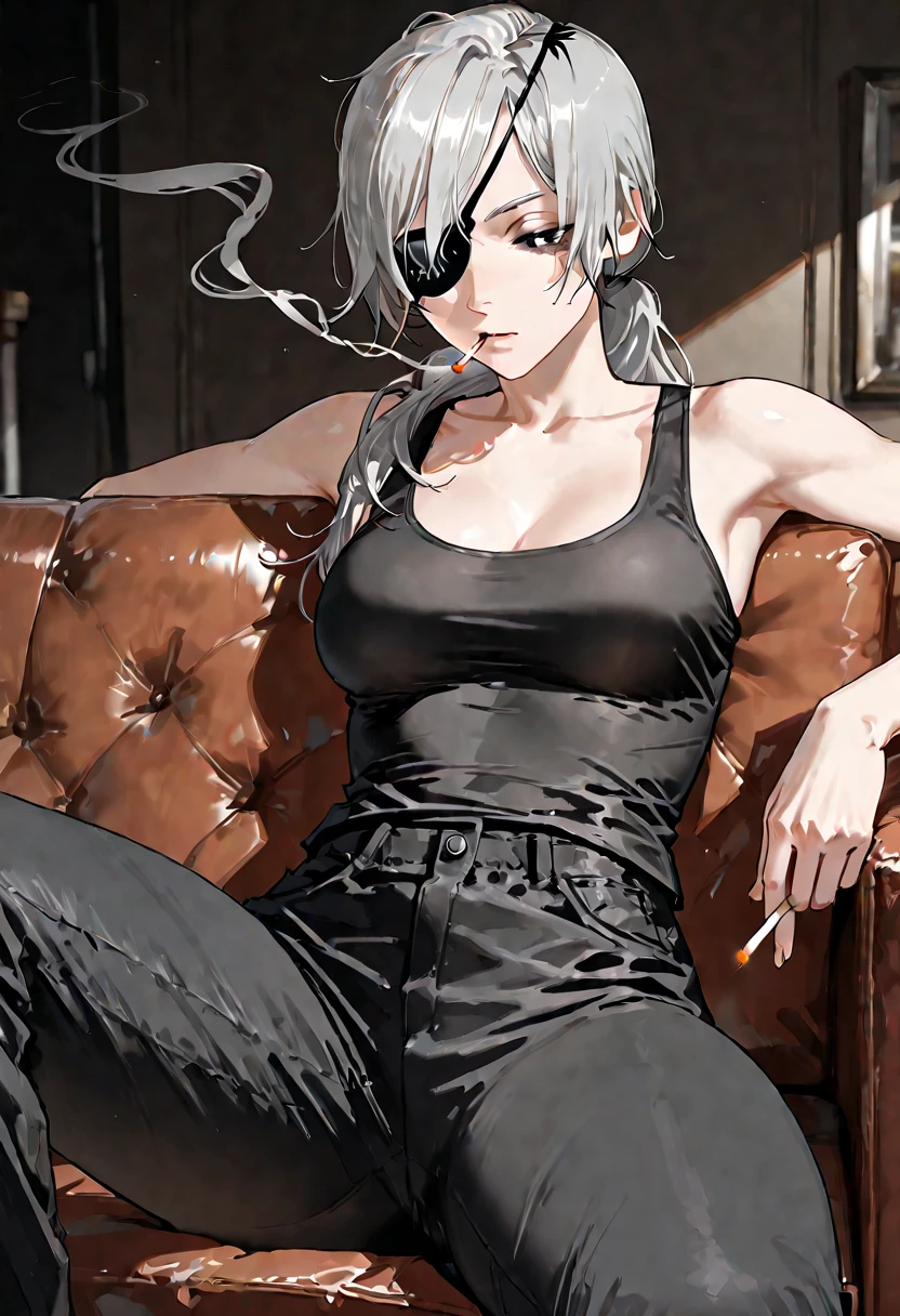 Woman, hair green, scar above the nose, Bust Big, short hair tied, sitting in a box, smoking a cigar, fur coat on her back, white blouse, black pants
