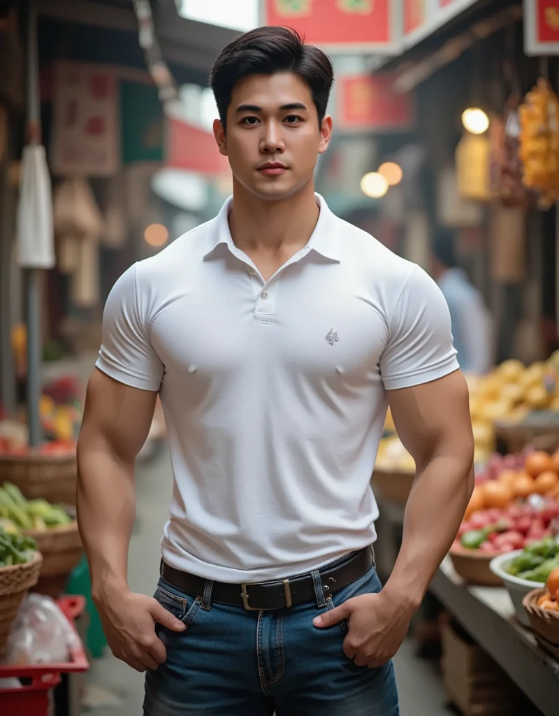 solo , 1 person sits on the floor, eyes closed, head raised. , Picture of a handsome Asian rugby player, short hair, no beard, muscular, big muscles, wearing a wet white t-shirt, jeans, outdoors, countryside. (field:1.2), thailand ,(bokeh background:1.5)