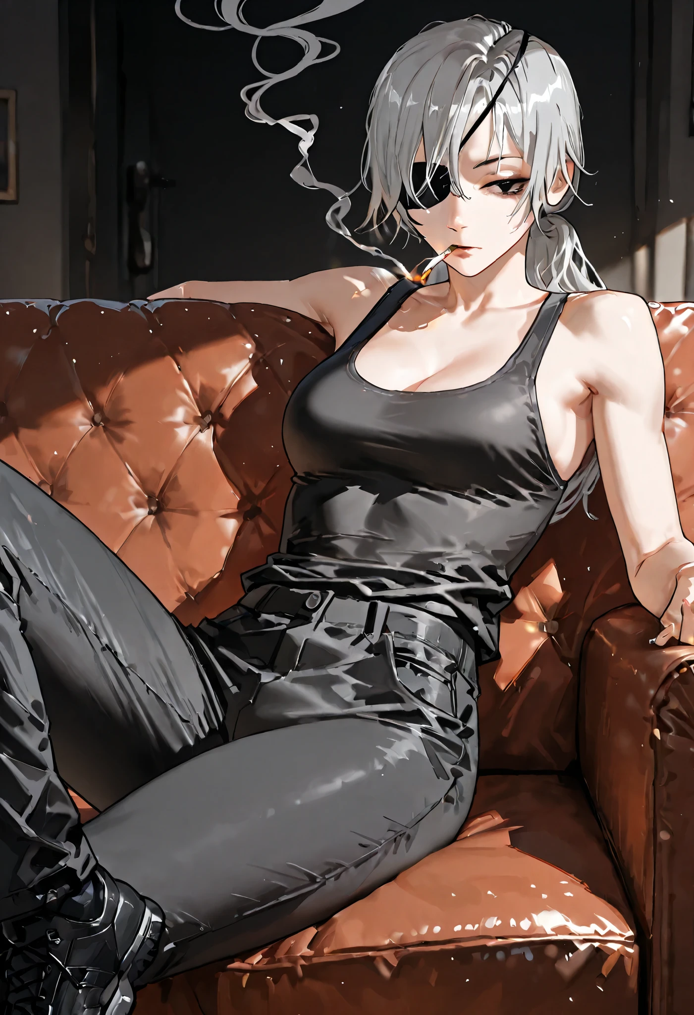 1girl, black tank top, black pants, eye patch, light gray hair, Quanxi, smoking, black eye, sitting on couch