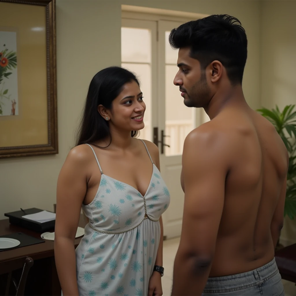 Scene 1: An 18-year-old Indian boy steps out of the bathroom, wearing a towel around his waist.

Scene 2: His sister, with open hair, is dressed in a pink cotton salwar kurta with a dupatta draped over her head. She is wearing a red bangle on her wrist. Her boobs are big.her figure is curvy.

Scene 3: The sister enters the room, noticing her brother in a towel, and makes a light-hearted comment about how he has grown up, comparing him to her husband.
