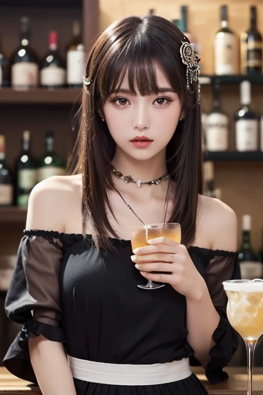 filmg，8K，OriginalPhoto，While drinking lemon juice，The bar is full of lemons，Burgundy leather coat，Exposed shoulder，grey long hair，