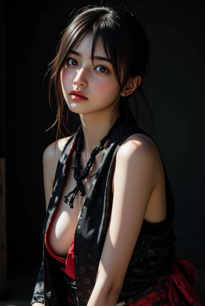 8K, Top Quality, Intricate Details, Ultra Detail, Ultra High Resolution, Masterpiece, close up shot, (full body: 1.1), Slender, Smile, (Makeup: 0.4), (walking), (Fluffy Eyes: 1.21), ((bangs)), 1girl, solo, 1 girl, (((black eyes, black hair, long hair hair, bangs)), close up shot, , ((tall)), (((fit body))), (((slim face))), sharp face, (( red scarf )) , (detailed face), sharp face, small lips, ( walking),
((, )), , ((,)), detailed face, detailed breast, , ((detail nipples )), detail ass, Narrow Waist, Skinny, tall , 175 cm tall, Muscular, Navel, Exposed Abdomen, Pointed Chest,, Beautiful girl with accentuated slender abs: 1.4, Six Pack Abs: 1.4,, Perfect Body, detail leg, (( dark background)), black background,