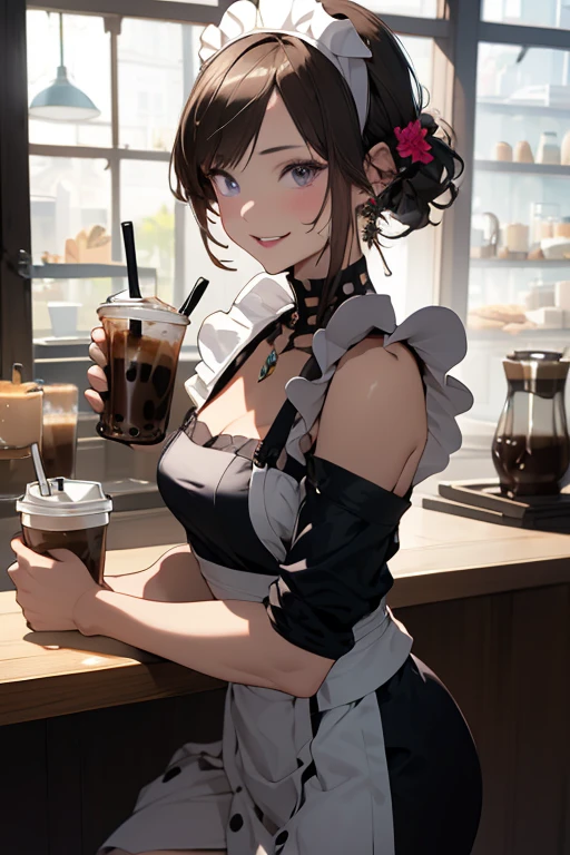 masterpiece, best quality, extremely detailed, anime, Girl, black hair, ponytail, maid outfit, table, cocoa, (she squeezing lemon), juice poured into cocoa,