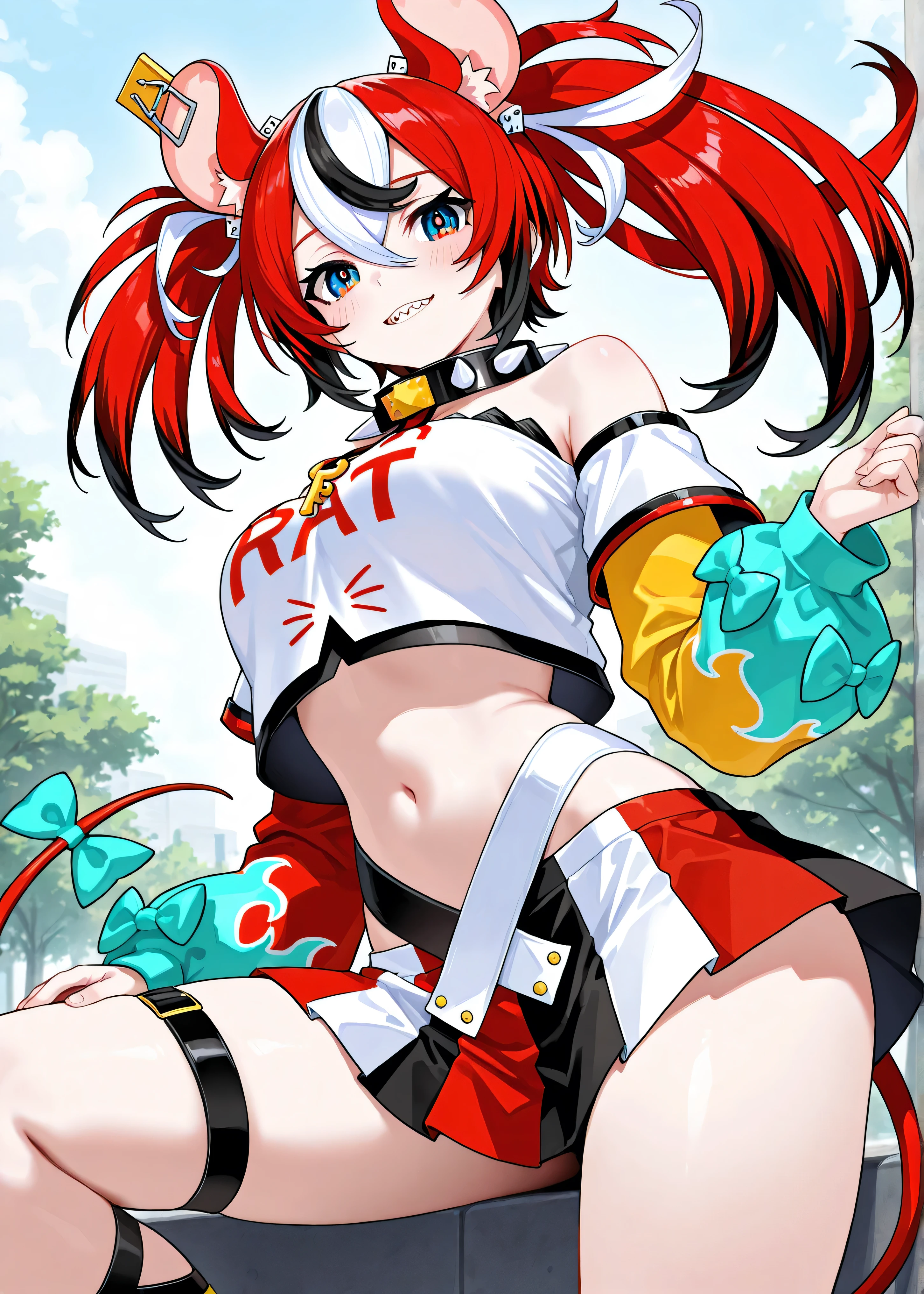 (my little pony), (leaning forward to viewer pose), medium-large breasts, perky butt, bikini, matte white body, red hair, red eyes, (fashion two ponytails), red star cutie mark, cameltoe, medium-large red lips, red eyeshadow, hairband, seductive face, red nails, sunny day, cat collar, fashion eyelashes, red star on the pussy