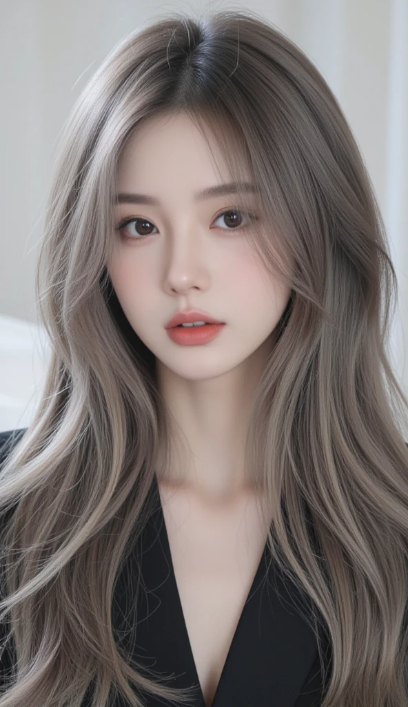 (grey hair, Soft Waves hair, blush, very much lip gloss, many eyelashes, upturned eyes), (photorealistic:1.2), a woman in a business casual, coffee shop, natural lighting, blurred background, depth of field, intricate details, highly detailed, sharp focus, (high detailed skin:1.2), dynamicposes