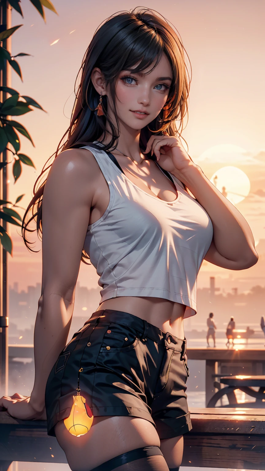 (flirty, close-up of woman's face),Pretty 21 yo Spanish woman, Short, beautiful athletic figure, shapely toned legs, perfect round ass,(abs), long dark hair. t-shirt, skinny jeans, sandals, sunglasses. smile. ponytail.Masterpiece, (highly detailed:1.2),(detailed face and eyes:1.2), 8k wallpaper, Moody lighting. core shadows, high contrast, bokeh.