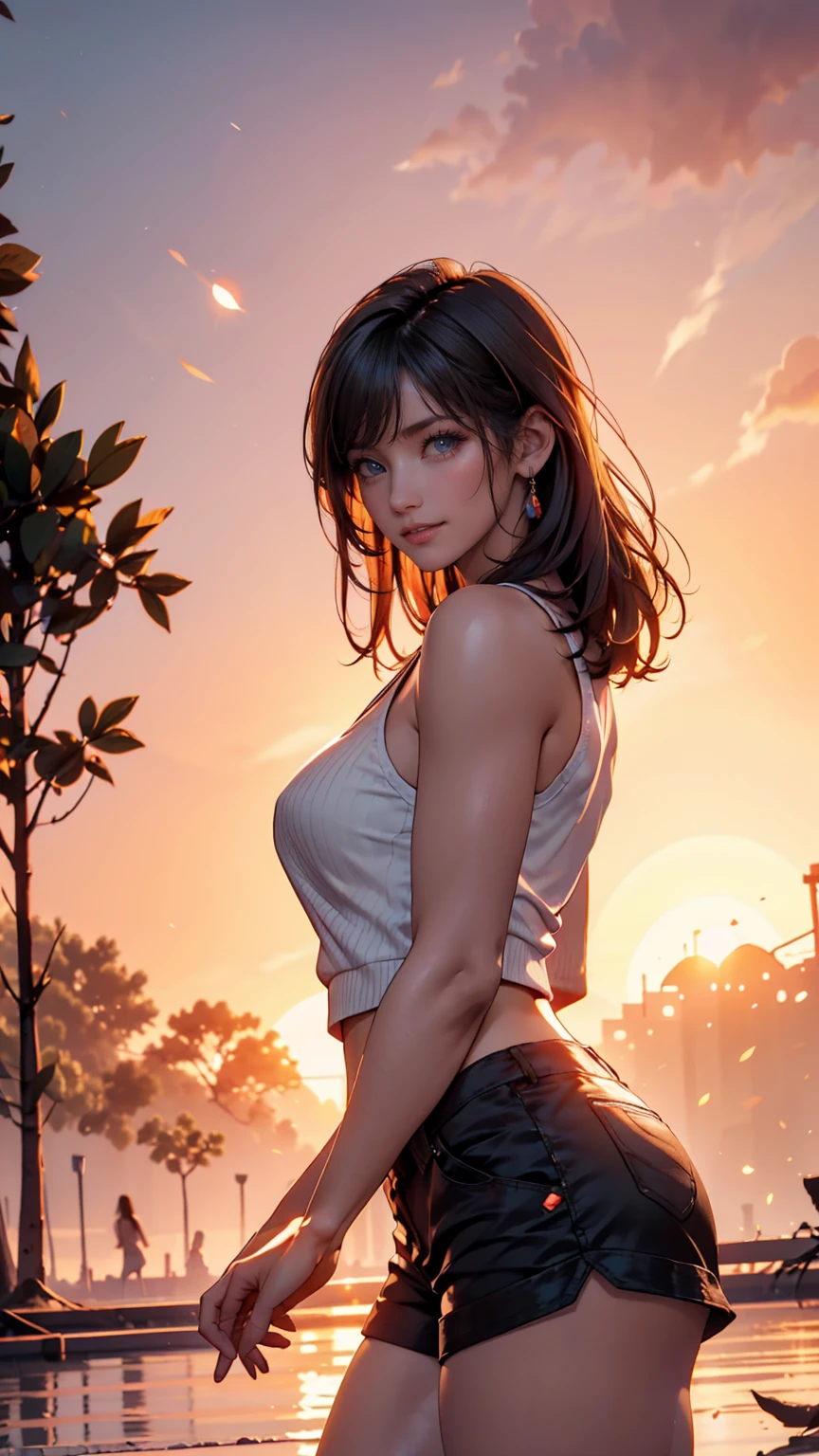 masterpiece, best quality, 1girl, nianacci, intricate detail, (golden hour, warm glow:1.4), summer, mountainous horizon, rainbow, cloudy sky, pier, red skirt, red cardigan,
<lora:more_details:1>