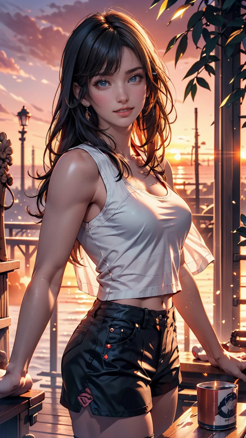 official art, unity 8k wallpaper, ultra detailed, beautiful and aesthetic, masterpiece, best quality, 1girl, extremely detailed, dynamic angle, cowboyshot, elegant, vivid colours, romanticism, yoshitaka amano, frank frazetta, atmospheric. Tifa lockhart, long black hair, red eyes, hair bangs, (white tank top:1.5), white top, (black miniskirt:1.4), suspenders, stockings, (huge breasts:1.5), cleavage, in a park, plants, sunshine, bokeh background, (red eyes:1.5)one girl, 1 girl, thin waist, wide hips, exposed abdomen, toned abs, toned arms, close up, see through clothes, semi transparant clothes