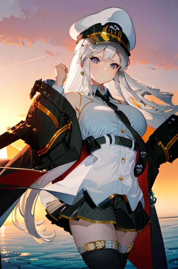 masterpiece, best quality, highres, aaenter, long hair, hat, white headwear, large breasts, black necktie, sleeveless shirt, white shirt, off shoulder, black coat, open coat, belt, pleated skirt, black skirt, black thighhighs, cowboy shot, standing, outdoors, ocean in background, 2D, add_detail:1