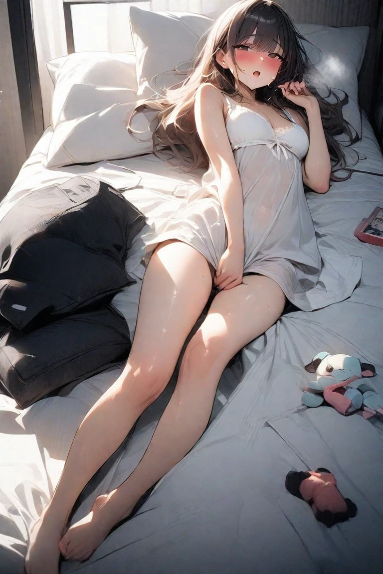 Beautiful girl sleeping，ar old，listic and realistic，Realistis，the detail，Bare legs，Bare feet，Bare belly，Cute，Long brown hair，With a bra，Lie down in bed，A sweet smile in your sleep，Top-down perspective