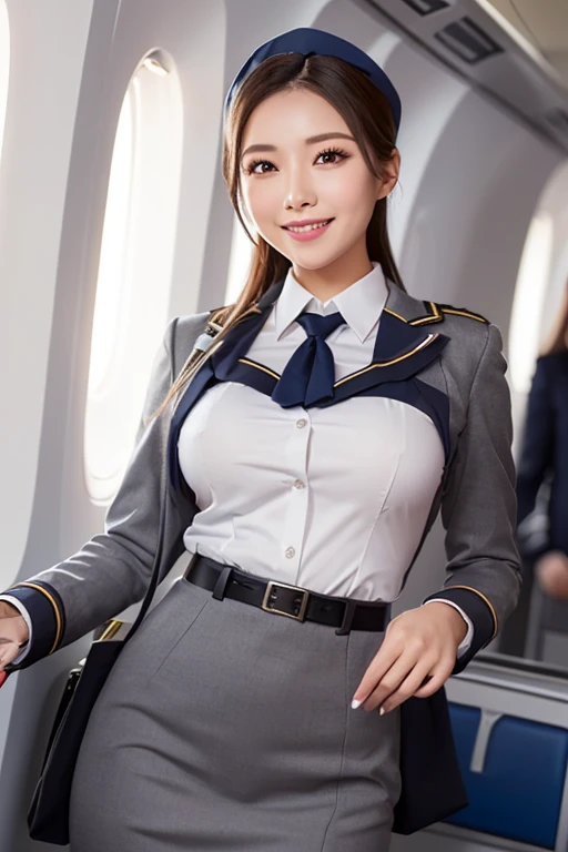 (masterpiece:1.3), High resolution, Super detailed, Very detailed, CG, Unity, 8k wallpaper, Realistic, photo-Realistic, RAW Photos, Raw photo, (8K, Highest quality, masterpiece:1.2), (Photorealistic:1.4), Beautifully detailed face, Perfect and beautiful face, Beautiful and elaborate face, Accurate, Very detailed顔と肌の質感, Surface Details, Detailed hair texture, Perfect body, (Fair skin:1.2), Fine grain, Beautiful eyes in every detail, Slim face and figure, Big eyes, (Glossy Lips, Natural color lip:1.4), ((A sexy, sensual smile, A charming, sexy smile:1.4)), ((pretty girl, Random stylish hairstyles:1.4)), ((Beautiful flight attendant、Wearing a clean, tight-fitting uniform、Neat hairstyle、Warm smile、A professional atmosphere befitting a flight attendant。Background in the cabin of an airplane、Make sure other passengers are not included in the photo.。Sharp details、Natural lighting、Emphasizes realistic facial expressions and poses。The tight uniform is blue.、Airline logo on the chest。清潔でNeat hairstyle、Makeup is natural and subtle。An elegant appearance while serving customers、With an elegant atmosphere。Especially emphasizes the thighs and buttocks、Angles and poses that highlight your style。Natural lightingで、Depicts the curves of the body to make them look beautiful:1.4)), (Staring at the audience:1.3), ((Sexy shot of the camera, Bold sexy pose:1.3)), (Detailed Background:1.2), Perfect dynamic composition