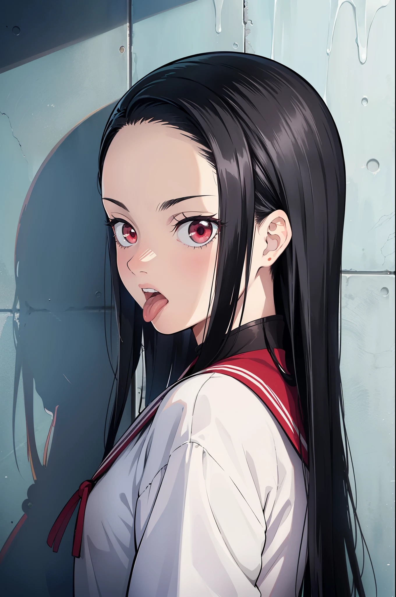 (masterpiece, best quality:1.2), kimetsu no yaiba style, kiyomi, (1girl, solo), 18years old, (upper body, portrait), (face close-up, face focus), (behind back, looking back), (black long hair, straight hair), red eyes, (open mouth, tongue out), provocative expression, (serafuku, sailor suit), concrete wall