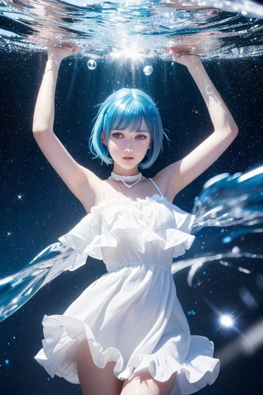 (masterpiece,best quality:1.4),(8k,raw photo,photo realistic:1.2),shiny skin,detailed skin,detailed face,detailed eyes, 1girl,looking at viewer,Japanese idol,extremely beautiful face, (smile), LiquidHair, liquid hair, blue mucus floating around, slime girl, covered in blue slime, (partially transparent), (Wet with water), (blue sweat), Slimy blue liquid dripping from her body. Her hair is also covered in blue slime. blue slime scatters, Blue hair, blue eyes